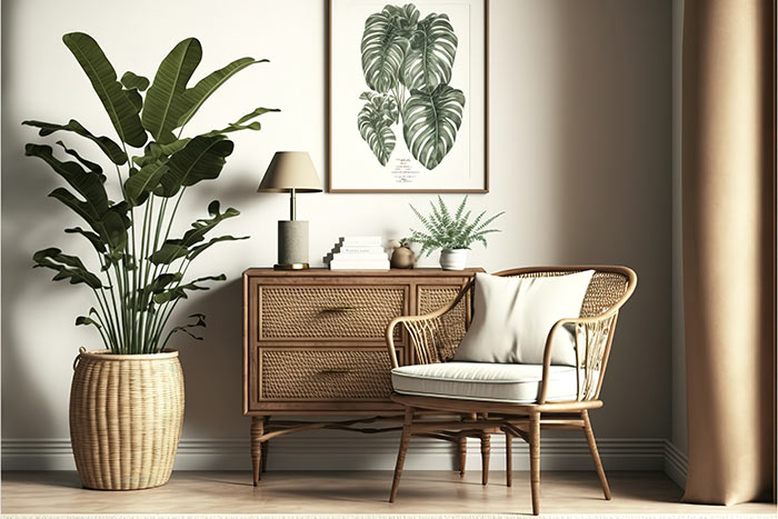Cozy home decor featuring a rattan dresser and chair, plants and baskets.