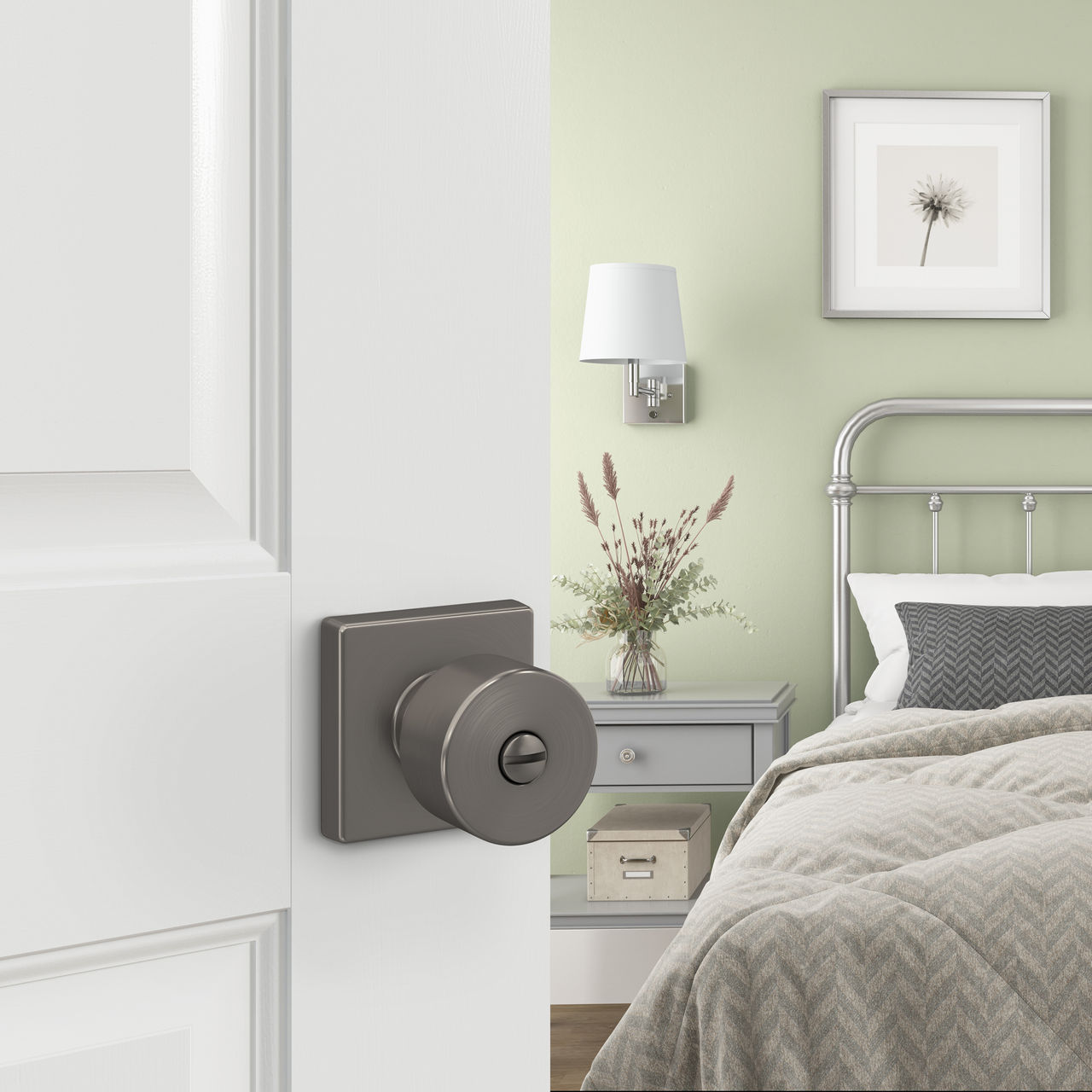 Schlage Home Essentials Realm Bed and Bath Locking Door Lever with Crawley Trim