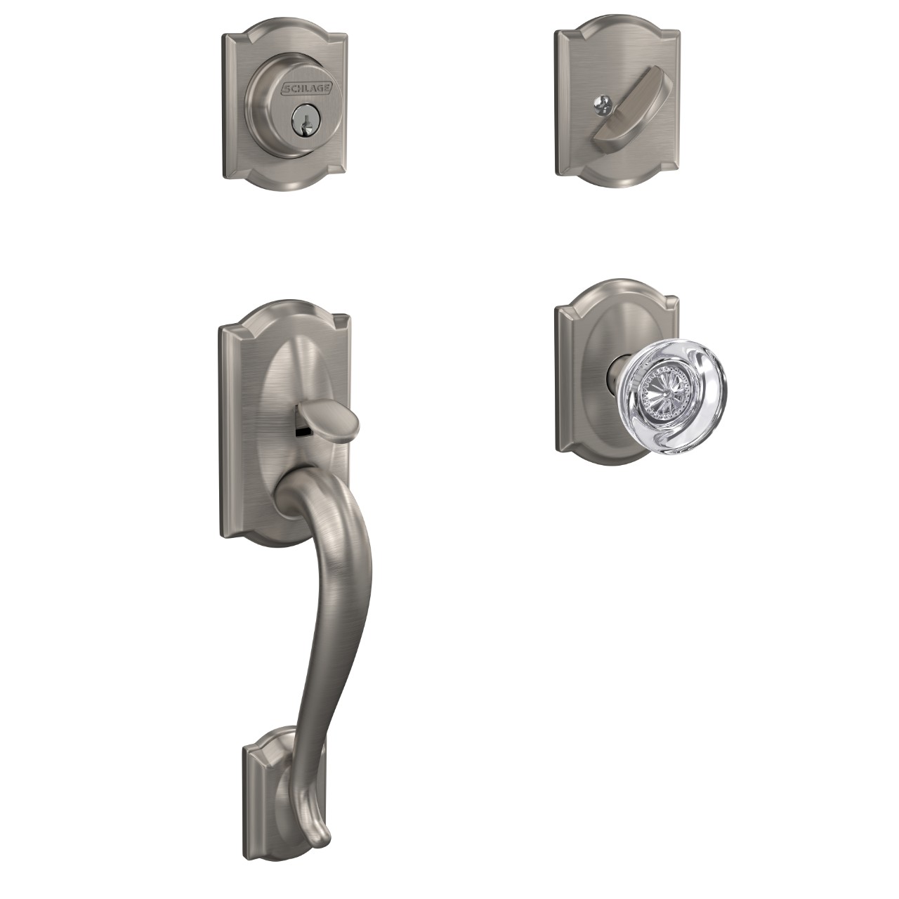 Custom Single Cylinder Handleset and Hobson Glass Knob with Camelot Trim
