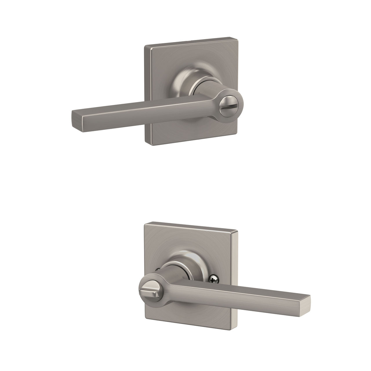 Schlage Home Essentials Hendrix Bed and Bath Locking Door Lever with Crawley Trim